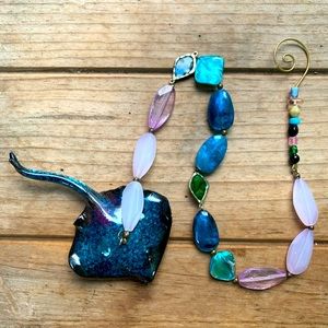 Sting Ray Beaded Sun Catcher Pottery Glazed Ceramic Blue Handmade Recycled